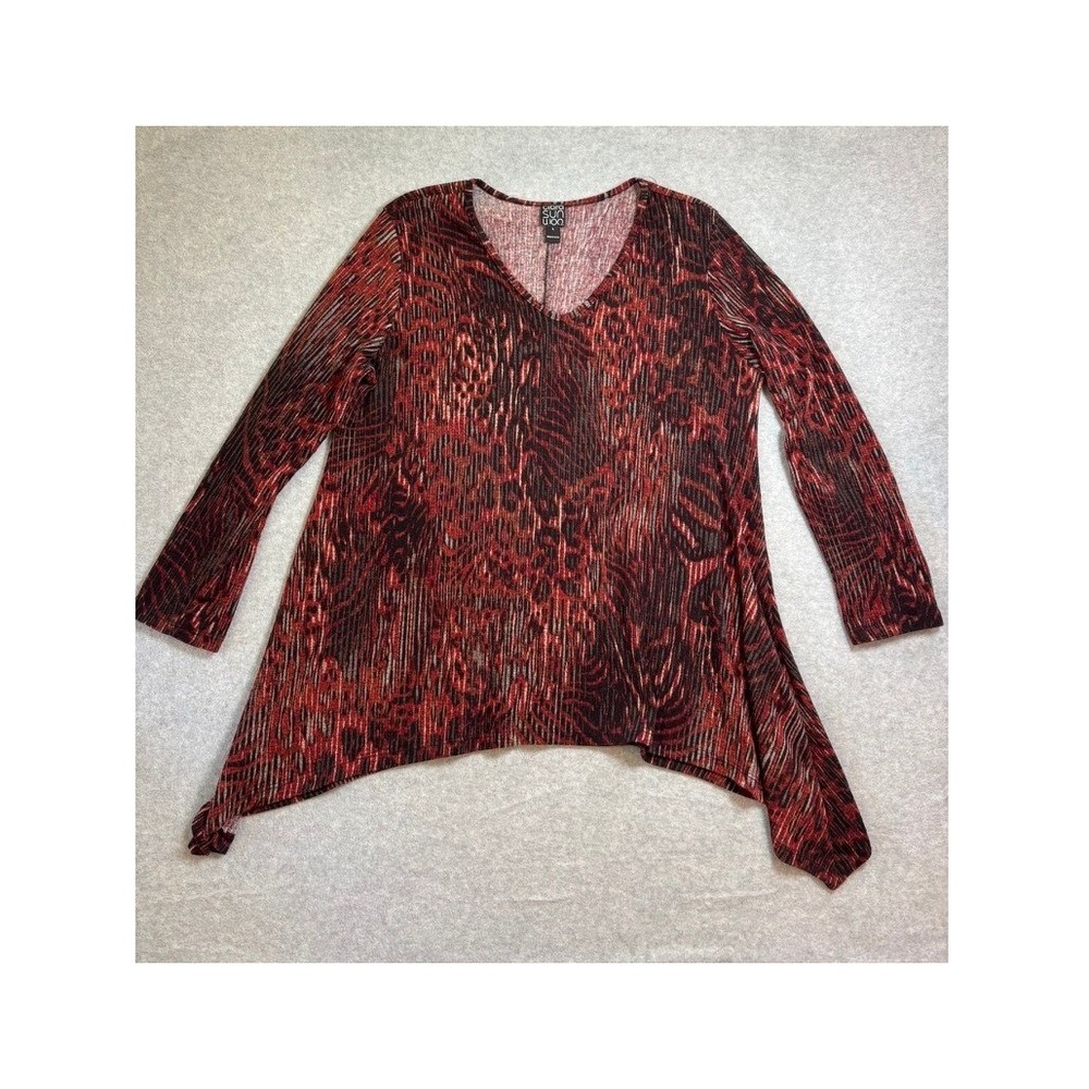 Clara Sunwoo Tunic Top Womens Sz L Red Black Abstract Animal Sharkbite V-Neck